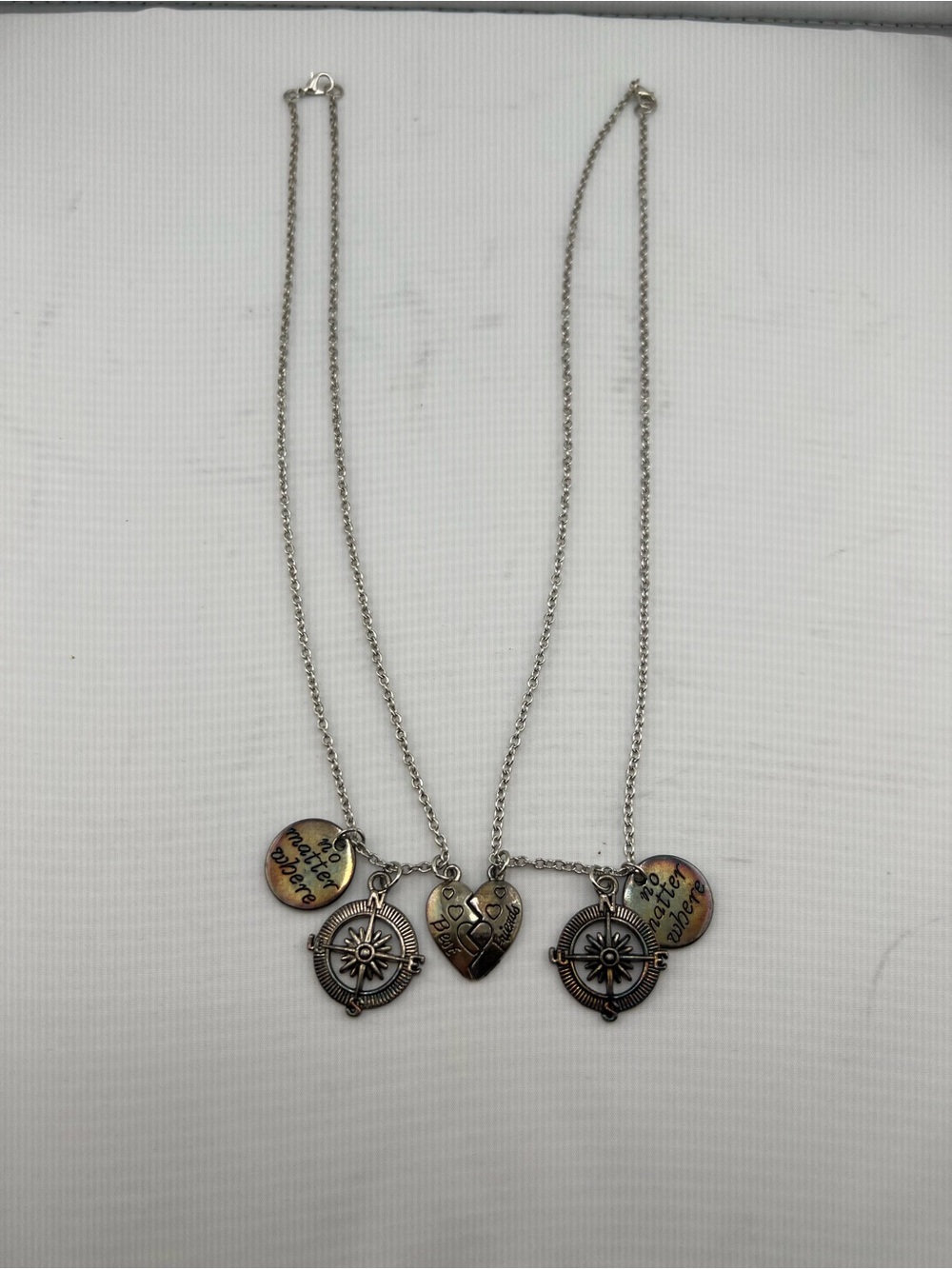 Best Friends Silver Compass Split Heart Pendant Necklace Set 2 Piece